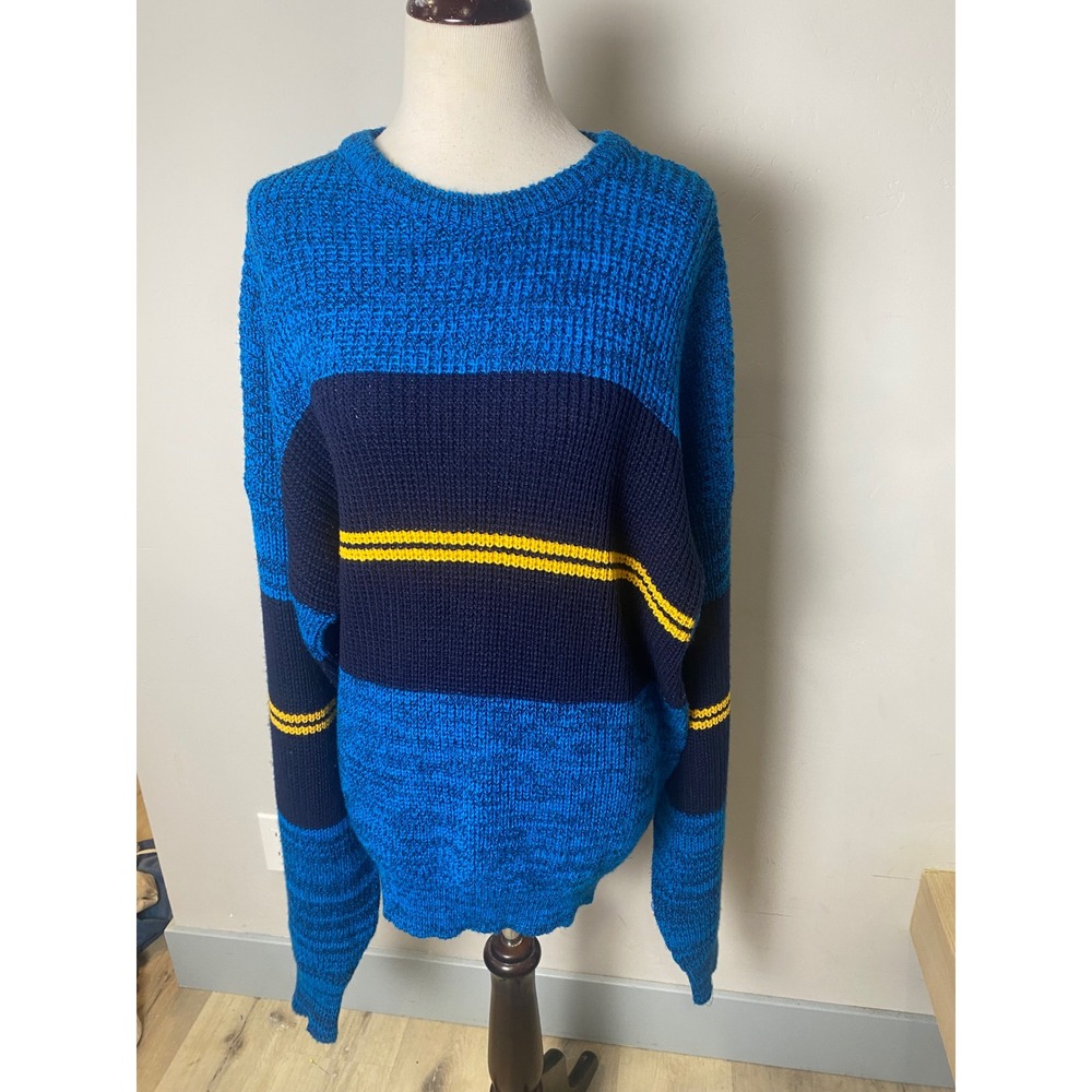 Vintage Honors Blue Colorblock Striped Knit Sweater XL 80s 90s Crewneck Slouchy